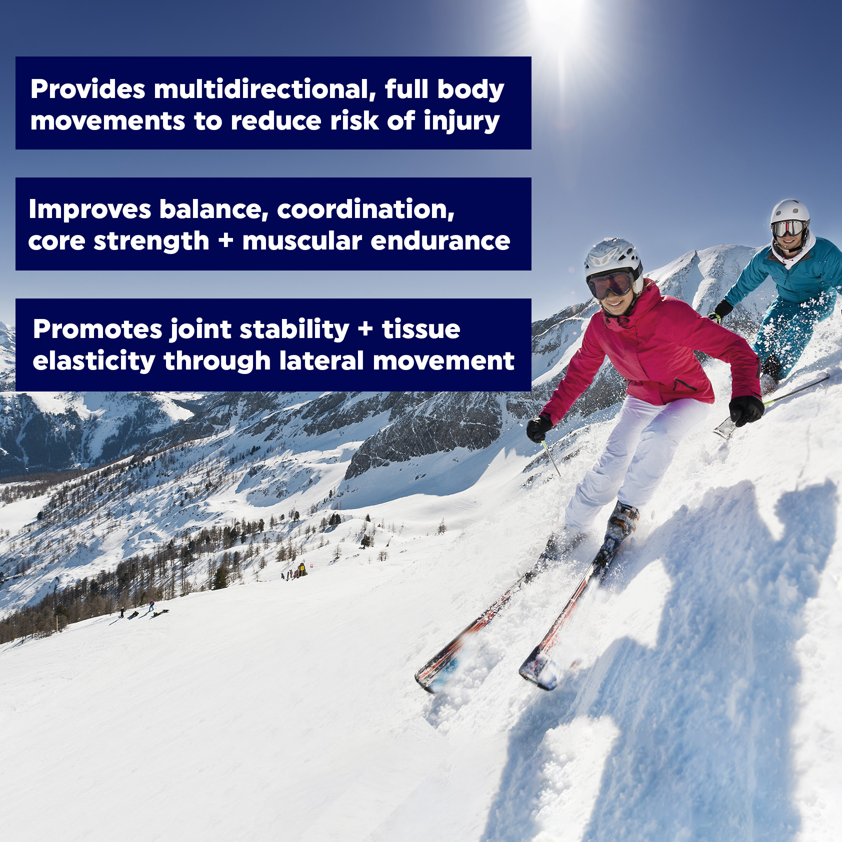 Two people skiing down a mountain. Provide multidirectional, full body movement to reduce risk of injury. Improves balance, coordination, core strength and muscular endurance. Promotes joint stability and tissue elasticity through lateral movement.